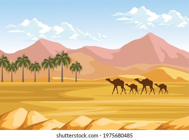 desert with palms and camels scene