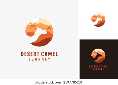 Desert panorama with camel and palm logo symbol icon design illustration