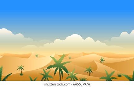 Desert panorama horizontal seamless pattern. Deserts rough terrain horizon landscape with sand dunes and palm trees vector illustration