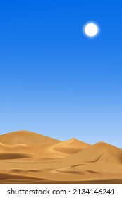 Desert panorama landscape with sand dunes and sun on clear blue sky in a hot sunny day summer, Vector illustration vertical backdrop beautiful nature beach sand, Concept for Summer background