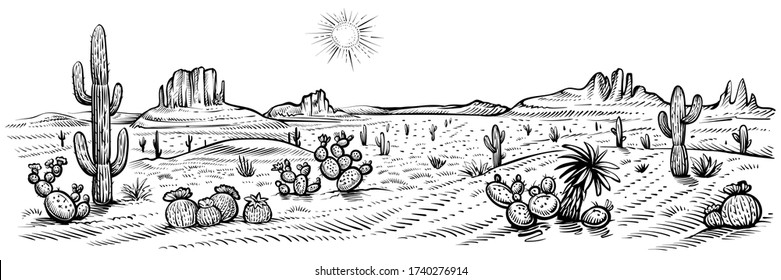 Desert panorama landscape, vector illustration. Hand drawn black and white desert with cactuses and rocks. Arizona line sketch. 
