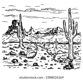 Panorama panorámica del desierto, ilustración vectorial. Deshén dibujado a mano con cactus y rocas. Paisaje de las praderas. Arte de la línea Arizona.