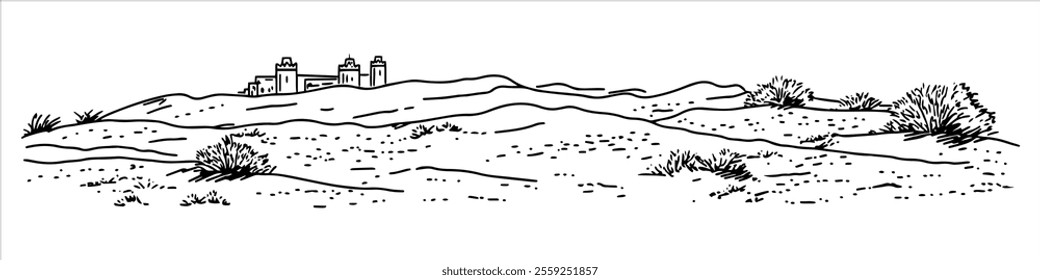 desert panorama with Marrakesh towers in the distance hand drawing doodle hatching vector sketch