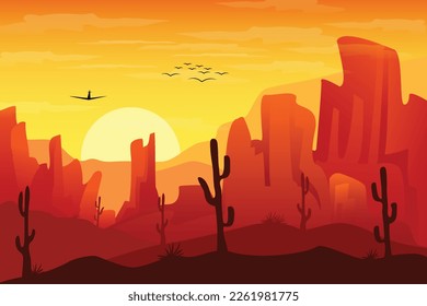 Vistas al desierto al atardecer con cactus y acantilados altos