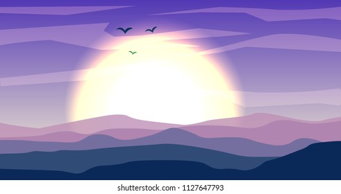Desert panoramic landscape with dunes and sunset, sundown in blue and magenta colors. Calm desert background, dune and hills. Game deserts scene with big sun and clouds