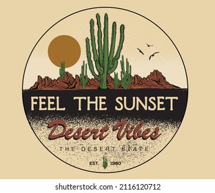 Desert park vintage print design for t shirt. Cactus tree artwork for  apparel, sticker, poster and other uses.