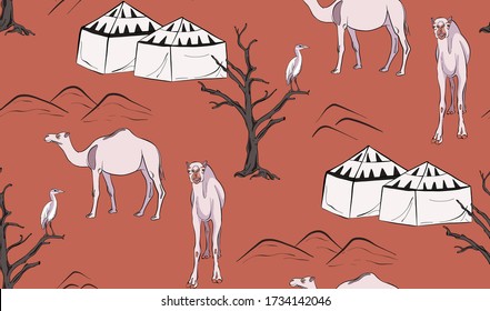 Patrón del desierto con casa beduina en dunas de arena, camellos, pájaro, árbol seco. Un auténtico diseño sin fisuras en el Sahara africano. Paisaje de viajes de ida y vuelta, publicidad de naturaleza salvaje de fin de semana en vector.