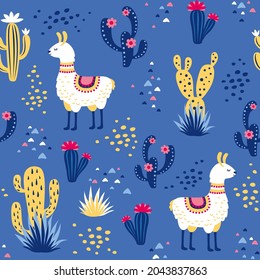 Desert pattern with cacti, llamas, sand. Print for gift paper, wrapping, scrapbooking, book covers, textile, fabric, greeting cards. Blue background.