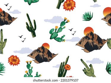 Desert Pattern with cactus, mountains, sun, birds, Desert Dreaming Arizona, Desert vibes vector graphic print design for apparel, stickers, posters, background and others. Outdoor western vintage art