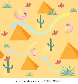 Desert pattern with cactuses, flowers and pyramids. Vector background 