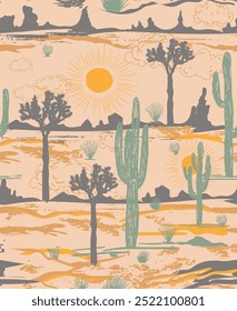 El patrón del desierto siente la puesta de sol. Árbol de Joshua con el modelo del cactus. diseño del modelo del verano en tema del desierto. diseño del modelo de la montaña. fondo textil de la tela de la ropa