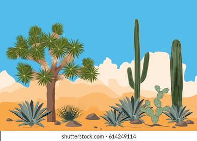 Desert pattern with joshua trees, opuntia, agave, and saguaro cacti. Mountains background.