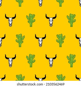 Desert pattern seamless. cow skull and cactus background.