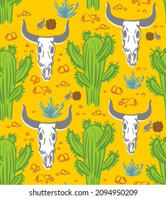 Desert pattern seamless hand drawing. cow skull and cactus background.