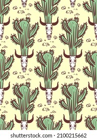 Desert pattern seamless hand drawing. cow skull and cactus background.