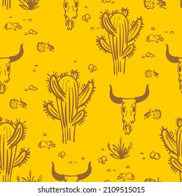 Desert pattern seamless hand drawing. cow skull and cactus background.