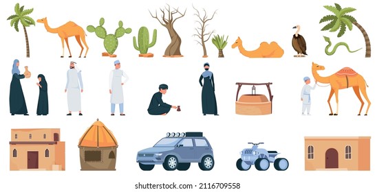 Gente del desierto conjunto de íconos planos aislados con coches casas y plantas silvestres con personajes humanos ilustración vectorial