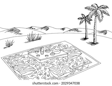 Desert picnic graphic black white landscape sketch illustration vector