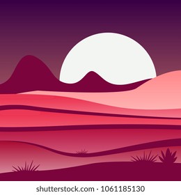 Desert in pink and purple gradient colors. Full moon behind rocky mountains. Wild western landscape. Vector design for travel poster or web-site background