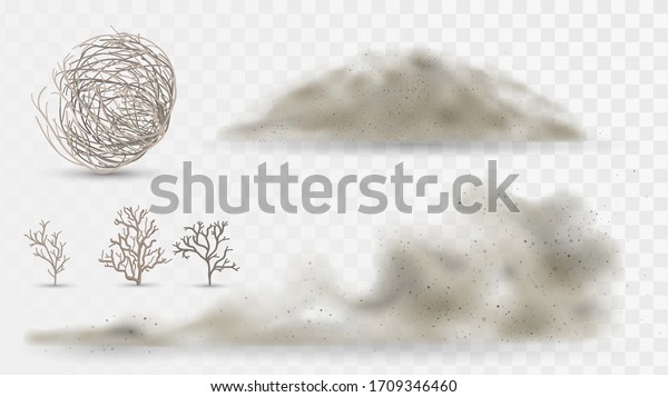 Desert plants and dust, arid\
climate elements on a white background, tumbleweed and\
sandstorms