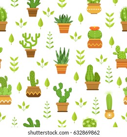 Desert plants with flowers. Cactus in pots. Vector seamless pattern