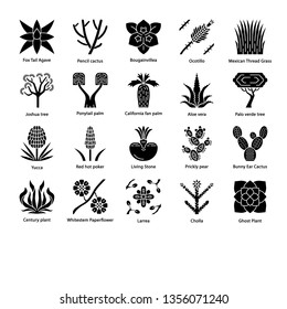Desert plants glyph icons set. Exotic flora. California desert cacti, grass and trees. American and Mexican succulents, palms. Silhouette symbols. Vector isolated illustration