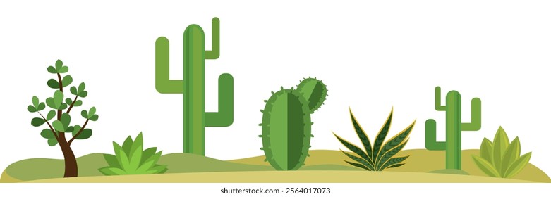 Desert plants. Nature landscape - Cactus, bushes, flowers and grass, design isolated on white background. flat vector illustration