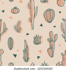 Desert plants and triangles seamless pattern. Vector shapes on beige background. Natural texture with cartoon color icons for design.