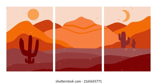 Desert posters. Abstract triptych with sand dune silhouettes, desert cactus, rocks, and succulent. Vector contemporary art set. Summer sunset with sun and moon in sky, outdoor nature