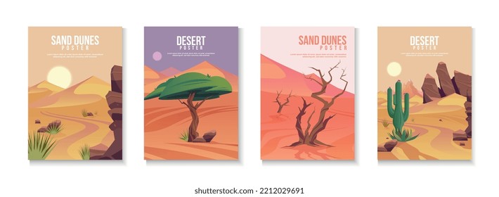 Desert posters set with four isolated vertical backgrounds with text and wild landscape compositions wasteland scenes vector illustration