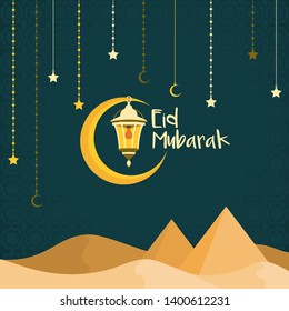 Desert with Pyramid Moon Lantern Islamic Illustration of Happy Eid Mubarak