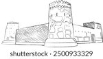 Desert Qatary Fort Al Zubarah hand drawing External view of the historical Al Zubarah fort in Qatar with an cannon Line art