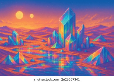 Un desierto de cristales de arco iris bajo dos soles. Una deslumbrante escena de pixel art ideal para fondos de fantasía, ciencia ficción y mundos alienígenas.