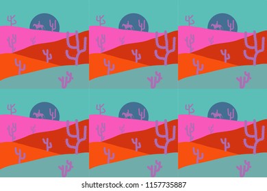 Desert. Raster illustration. Blue, orange and pink colors background with cactus. Sands.