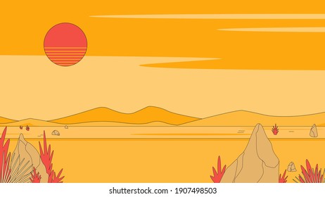 Desert with red sun at sunset