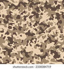 Desert Repeated Halftone Graphic Backdrop. Brown Camouflage Seamless Pattern. Camouflage Military Autumn Seamless Soldier Graphic Texture. Khaki Seamless Army Vector Clouds. Camoflage