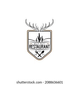 Desert Restaurant Logo. With cactus, spoon, fork, and deer horn icons. On black, white, and brown colors. Vintage, premium, and luxury vector illustration