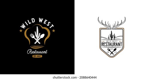 Desert Restaurant Logo. With cactus, spoon, fork, deer horn, and chef hat icon. On brown, white, and black colors. Vintage, premium, and luxury vector illustration