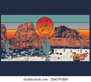 Diseño de camisetas retro del desierto. Obra gráfica vectorial de Arizona.