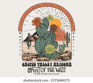 Desert retro vector print design for t shirt and others. Arizona desert cactus graphic print design for apparel, stickers, posters and background.	Cactus flower artwork.