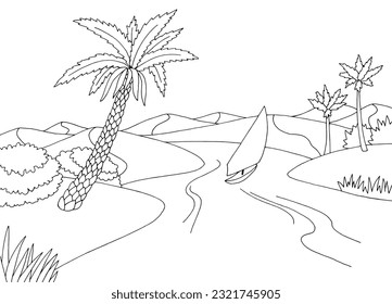 Dibujo gráfico de paisaje blanco negro del río desierto vector 