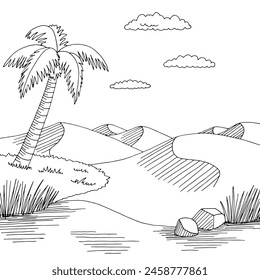 Desert river graphic black white landscape sketch illustration vector 