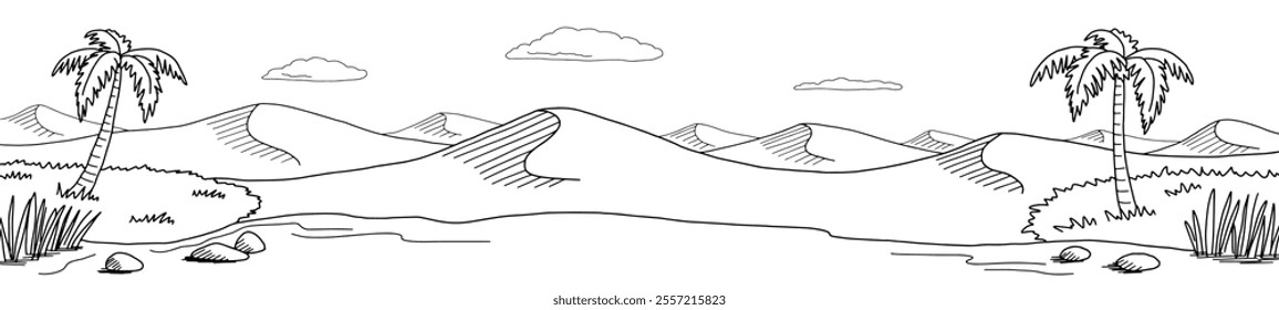 Desert river graphic black white landscape sketch long illustration vector 