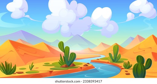 Desert river landscape with sandy dunes and cacti on banks. Vector cartoon illustration of natural background with exotic vegetation, silhouettes of Egyptian pyramids on horizon, clouds in sunny sky