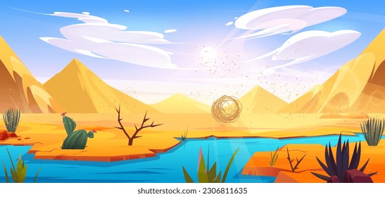 Paisaje del río desierto con fondo de dibujos animados vectores de bola de algas tumbadas. Oasis con agua del lago en la ilustración seca del Sahara africano con el rollo volador de malezas tumultuosas con partículas de polvo cerca de cactus verdes.