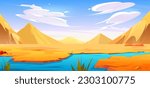 Desert river landscape with yellow sand dunes or mountains vector cartoon scenic background. Oasis with lake water in dry african Sahara cracked ground with dusty green plants under sunny blue sky