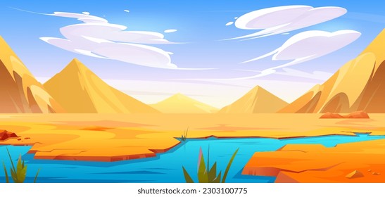 Desert river landscape with yellow sand dunes or mountains vector cartoon scenic background. Oasis with lake water in dry african Sahara cracked ground with dusty green plants under sunny blue sky