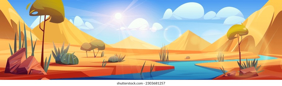 Desert river landscape with yellow sand dunes vector cartoon background. Oasis with lake water in dry african Sahara illustration with dusty green cactus, red stones and hot sun beams with lens flare