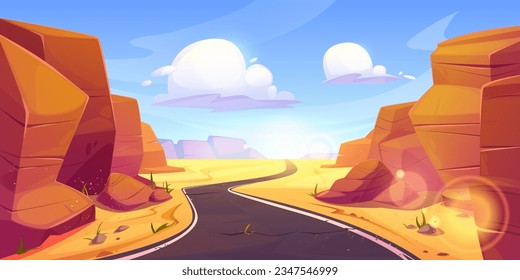 Desert road among canyon cartoon vector illustration. Empty highway surrounded by sand and rock mountains with clouds in sky. Sunny landscape of western scene with valley with route for trip.