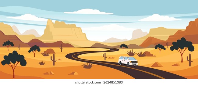 Desert road among mountains and wild nature. Road in the desert of the Wild West. Safari by car. The car drives along the highway among the desert and mountains. Road trip vector illustration.